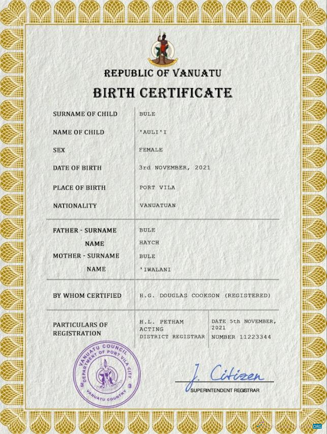 Download Vanuatu vital record birth certificate PSD template Photoshop template